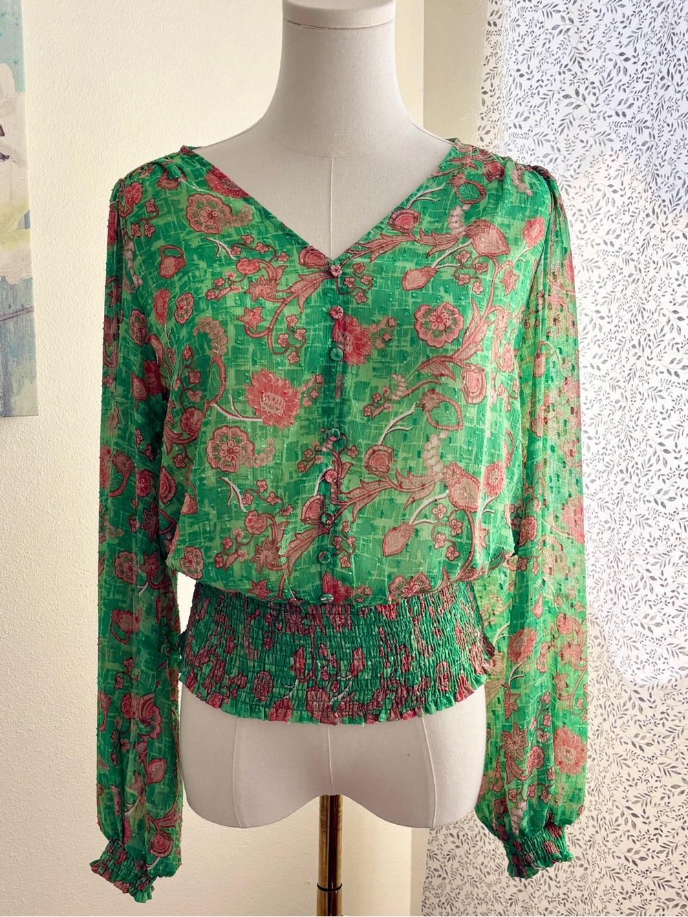 Maison d’Amélie Green Floral Smocked Hem Blouse Size Small Sheer Long Sleeve